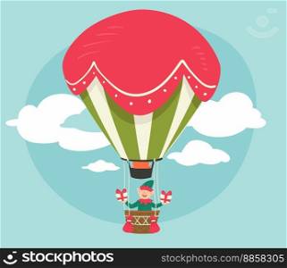 Hot air balloon carrying elf with presents for winter holidays. Celebrating new year and Christmas. Character with gifts with wrapping paper and decorative ribbons for festivity. Vector in flat style. Elf on hot air balloon with presents for xmas