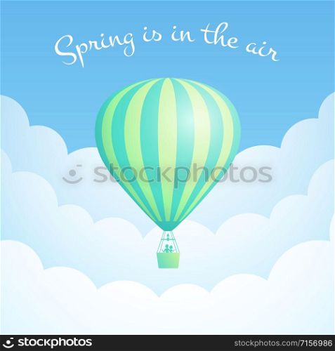 Hot air balloon cloud scape vector illustration. White clouds on spring blue sky with big motivational quote, green stripe hot air balloon for sky vacation adventure design. Clipping mask applied.. Green hot air balloon cloud scape moitvation flyer