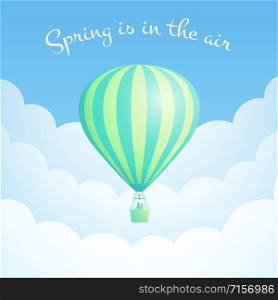 Hot air balloon cloud scape vector illustration. White clouds on spring blue sky with big motivational quote, green stripe hot air balloon for sky vacation adventure design. Clipping mask applied.. Green hot air balloon cloud scape moitvation flyer