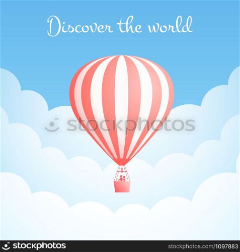 Hot air balloon cloud travel vector illustration. Carnival entertainment social media banner or romantic adventure offer with red hot air balloons in white cloud on blue sky. Clipping mask applied.. Hot air balloon cloud travel motivation banner
