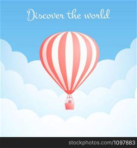 Hot air balloon cloud travel vector illustration. Carnival entertainment social media banner or romantic adventure offer with red hot air balloons in white cloud on blue sky. Clipping mask applied.. Hot air balloon cloud travel motivation banner