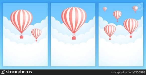 Hot air balloon cloud travel vector illustration. Set of sky art promotion banner templates with colorful striped hot air balloons, white clouds and blue sky for birthday promo. Clipping mask applied.. Hot air balloon cloud travel invitation banner