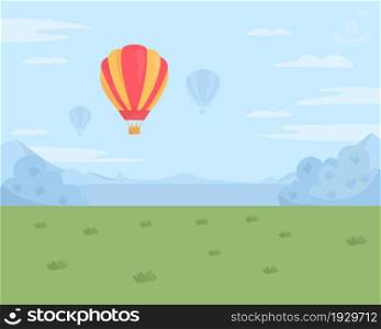 Hot air balloon festival flat color vector illustration. Recreation and entertainment. Cloudscape with floating balloons. Panoramic 2D cartoon landscape with daytime sky on background. Hot air balloon festival flat color vector illustration
