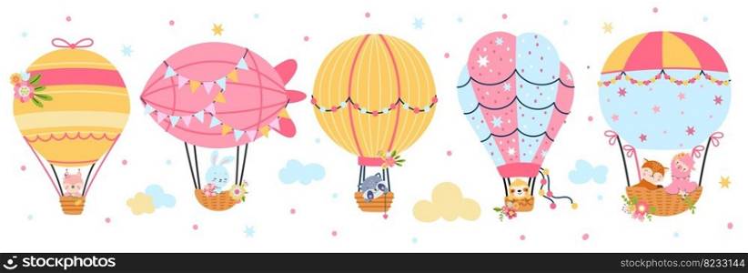Hot air balloon flight. Cute cartoon animals flying on balloons, retro childish graphic. Festival kids design, funny prints. Travel and adventures, vector characters animal flight balloon illustration. Hot air balloon flight. Cute cartoon animals flying on balloons, retro childish graphic. Festival kids design, funny prints. Travel and adventures, nowaday vector characters