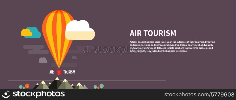 Hot air balloon flying over the mountain. Icons of traveling, planning a summer vacation, tourism and journey objects