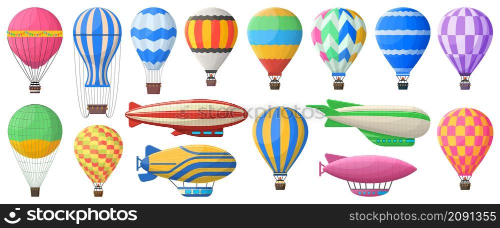 Hot air balloon, flying vintage aerostat and airships. Vintage sky transport, air journey flying aerostat vector symbols set. Retro airship and hot air balloon. Floating vehicles for adventure. Hot air balloon, flying vintage aerostat and airships. Vintage sky transport, air journey flying aerostat vector symbols set. Retro airship and hot air balloon