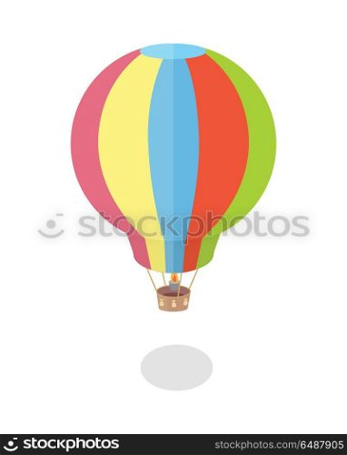 Hot Air Balloon Icon. Air balloon icon. Striped multicolored aerostat with shadow. Colorful air balloon in flat. Fly transport sign. Isolated vector illustration on white background.