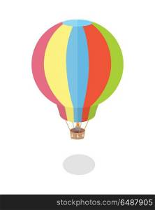 Hot Air Balloon Icon. Air balloon icon. Striped multicolored aerostat with shadow. Colorful air balloon in flat. Fly transport sign. Isolated vector illustration on white background.