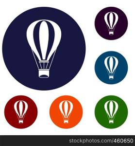 Hot air balloon icons set in flat circle reb, blue and green color for web. Hot air balloon icons set