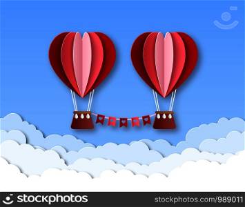 Hot air balloon in heart shape. Happy valentines day invitation card vector paper origami travel template. Hot air balloon in heart shape. Happy valentines day invitation card vector template