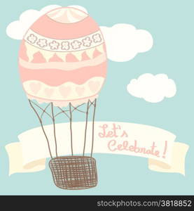 "Hot air balloon in the sky with ribbon and lettering "Let&rsquo;s Celebrate". Vector illustration. Greeting card background"