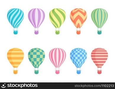 Hot air balloon isolated colorful vector set. Collection of colourful balloons with patterns zig zags, wavy lines, striped or checkered with basket and hot air in retro style for flight concept design. Hot air balloon isolated colorful vector set