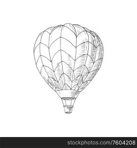 Hot air balloon isolated monochrome sketch. Vector old air transport with basket, flighting airship. Air balloon with basket isolated retro transport