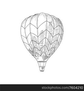 Hot air balloon isolated monochrome sketch. Vector old air transport with basket, flighting airship. Air balloon with basket isolated retro transport