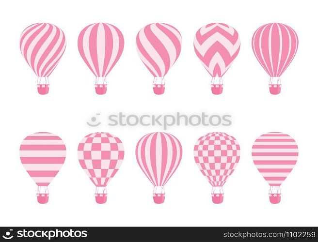 Hot air balloon isolated monochrome vector set. Collection of balloons with patterns zig zags, wavy lines, striped or checkered with basket and hot air in retro style for flight concept design. Hot air balloon isolated monochrome vector set