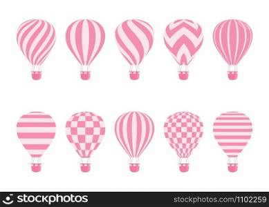 Hot air balloon isolated monochrome vector set. Collection of balloons with patterns zig zags, wavy lines, striped or checkered with basket and hot air in retro style for flight concept design. Hot air balloon isolated monochrome vector set