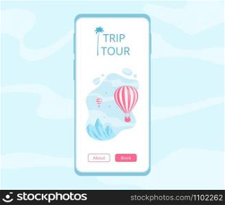 Hot air balloon mobile application template vector illustration. Mobile phone screen with red hot air balloon on blue mountain landscape with travel tour message for adventure booking web application. Hot air balloon mobile application vector template