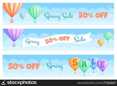 Hot air balloon sale banner vector illustration. Discount coupon template, white cloud on summer blue sky colorful stripes hot air balloons with big banner Spring Sale Discount. Clipping mask applied.. Hot air balloon discount sale coupon template