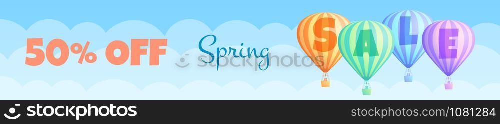 Hot air balloon sale travel vector illustration. Gift voucher or discount banner with colorful striped hot air balloons, white clouds and summer blue sky and sign Spring Sale. Clipping mask applied.. Hot air balloon sale travel discount offer banner