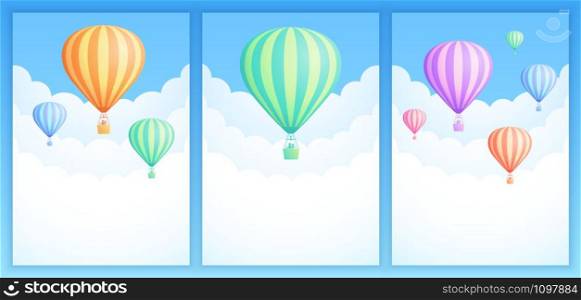 Hot air balloon sky adventure vector illustration set. White clouds on summer blue sky with colorful stripes hot air balloons for adventure banner or invitation postcard design. Clipping mask applied.. Hot air balloon sky adventure banner collection