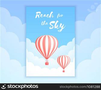 Hot air balloon sky adventure vector illustration. White clouds on summer blue sky with big motivational quote and red stripe hot air balloons for adventure holiday promo banner. Clipping mask applied. Hot air balloon sky adventure holiday promo offer