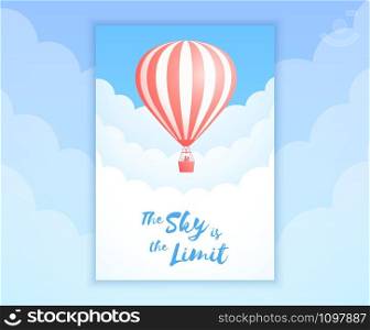 Hot air balloon sky flight vector illustration. Carnival poster or birthday invitation template, white cloud on summer blue sky with hot air balloon and sign Sky is the Limit. Clipping mask applied.. Red stripe ot air balloon sky flight promo banner
