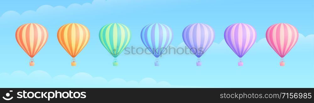 Hot air balloon travel adventure vector illustration set. White cloud on summer blue sky, collection of rainbow colors hot air balloons or airships for sale banner promotion. Clipping mask applied.. Rainbow color hot air balloon travel adventure set
