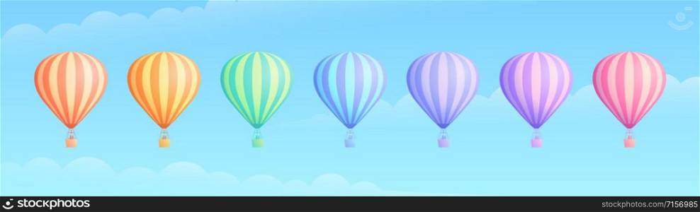 Hot air balloon travel adventure vector illustration set. White cloud on summer blue sky, collection of rainbow colors hot air balloons or airships for sale banner promotion. Clipping mask applied.. Rainbow color hot air balloon travel adventure set