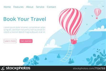 Hot air balloon website booking page template vector illustration. Landing page adventure booking concept with red hot air balloon at blue mountain landscape for travel web page interface layout. Hot air balloon website booking page template
