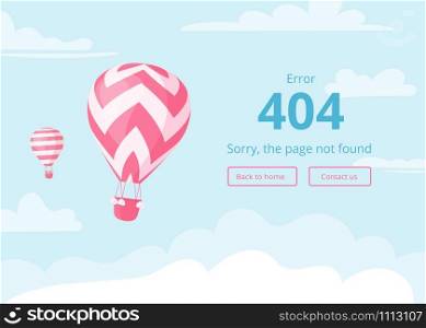 Hot air balloon with red zig-zags on blue sky scape with warning message, error 404, sorry page not found, and interface template for travel website or booking mobile app 404 error concept. Hot air balloon with red zig-zags 404 error page