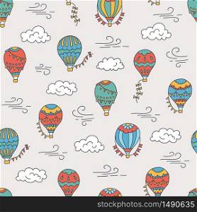 Hot air balloons and clouds. Color hand drawn seamless pattern. Vector illustration in doodle style. Hot air balloons and clouds. Color hand drawn seamless pattern. Vector illustration