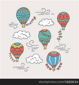 Hot air balloons and clouds. Color vector hand drawn doodle illustration. Hot air balloons and clouds. Vector hand drawn doodle illustration