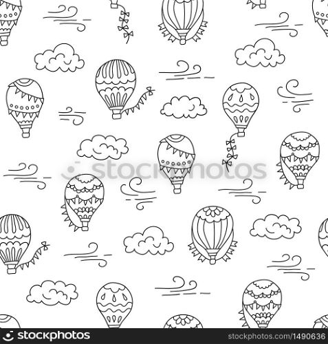 Hot air balloons and clouds. Hand drawn seamless pattern. Vector illustration in doodle style on white background. Hot air balloons and clouds. Hand drawn seamless pattern. Vector illustration in doodle style