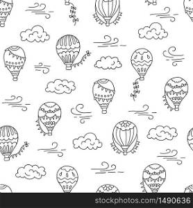 Hot air balloons and clouds. Hand drawn seamless pattern. Vector illustration in doodle style on white background. Hot air balloons and clouds. Hand drawn seamless pattern. Vector illustration in doodle style