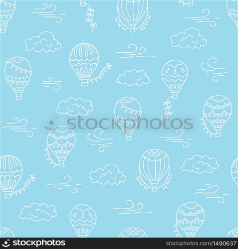 Hot air balloons and clouds. Hand drawn seamless pattern. Vector illustration in doodle style on blue background. Hot air balloons and clouds. Color hand drawn seamless pattern. Vector illustration