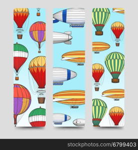 Hot air balloons bookmarks set. Colour hot air balloons on the sky bookmarks set. Vector illustration