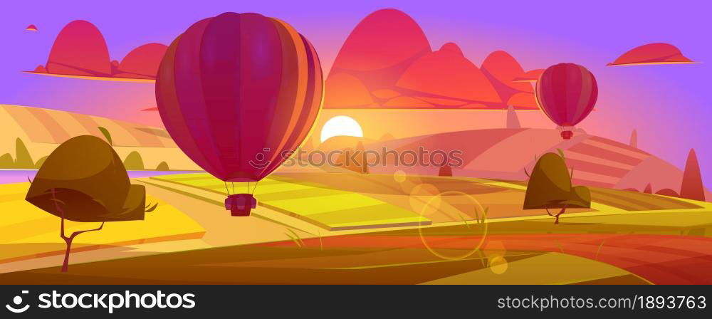 Hot air balloons flying above field or valley in purple sky with red clouds. Beautiful sunset scenery landscape view, ballon with basket flight travel, aerial tourism, Cartoon vector illustration. Hot air balloons flying above field or valley