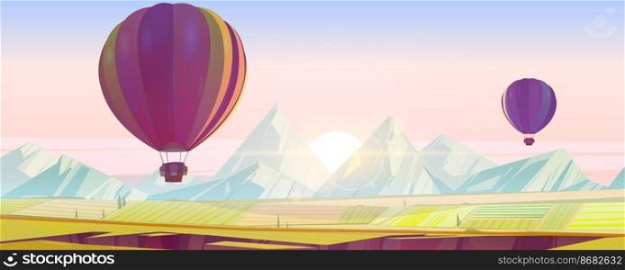 Hot air balloons flying above green fields and mountain peaks in pink morning sky. Scenery landscape background view, aerostat with baskets flight travel, aerial tourism, Cartoon vector illustration. Hot air balloons flying above fields and rocks