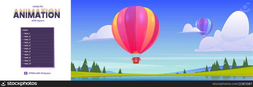 Hot air balloons flying above lake and forest. Vector parallax background ready for 2d animation with cartoon illustration of summer landscape with colorful airships with baskets. Parallax background with hot air balloons and lake