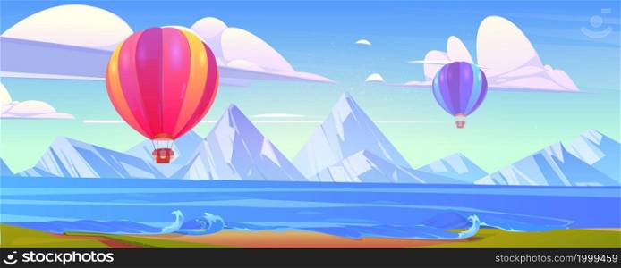 Hot air balloons flying above ocean or sea and mountain peaks in blue cloudy sky. Scenery landscape background view, aerostat with baskets flight travel, aerial tourism, Cartoon vector illustration. Hot air balloons flying above ocean and mountains