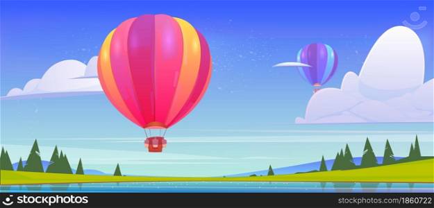 Hot air balloons flying above pond, green field and mountain peaks in blue sky. Scenery nature summer background, aerostat with baskets and sand sacks flight, aero festival Cartoon vector illustration. Hot air balloons flying above pond, field, rocks