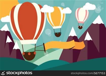 Hot air balloons flying over mountains with banner, vector illustration