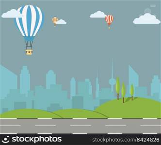Hot air balloons flying over the town.Vector