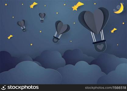 Hot air balloons in the shape of a heart flying over cloud in the night sky , paper art style