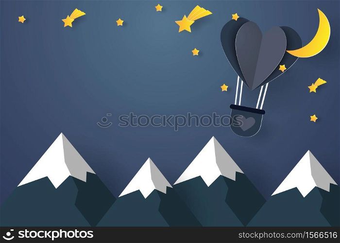 Hot air balloons in the shape of a heart flying over mountain in the night sky , moon , stars and meteor , paper art style