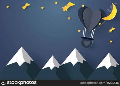 Hot air balloons in the shape of a heart flying over mountain in the night sky , moon , stars and meteor , paper art style