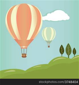 Hot air balloons in the sky. Vector illustration. Landscape background