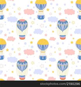 Hot air balloons seamless pattern. Retro aerial vehicles, inflatable transport, travel and romantic flight, clouds and stars on white background. Decor textile, wrapping paper wallpaper, vector print. Hot air balloons seamless pattern. Retro aerial vehicles, inflatable transport, travel and romantic flight, clouds and stars on white background. Decor textile, vector print