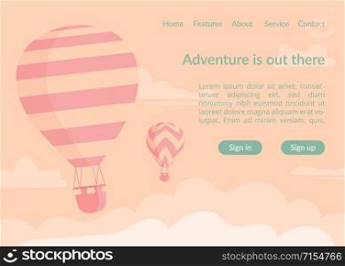 Hot air balloons website landing page vector template. Two retro duotone style hot air balloons in sky cloud landing web template and adventure travel slogan for sky vacation promotion design.. Hot air balloons website landing page vector