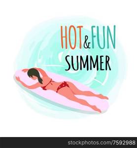 Hot and fun summer emblem, woman swimming on surfboard isolated on blue sea waters. Vector surfboarder relaxing on summer resort, rest on inflatable mattress. Hot and Fun Summer Emblem, Woman Swimming on Board